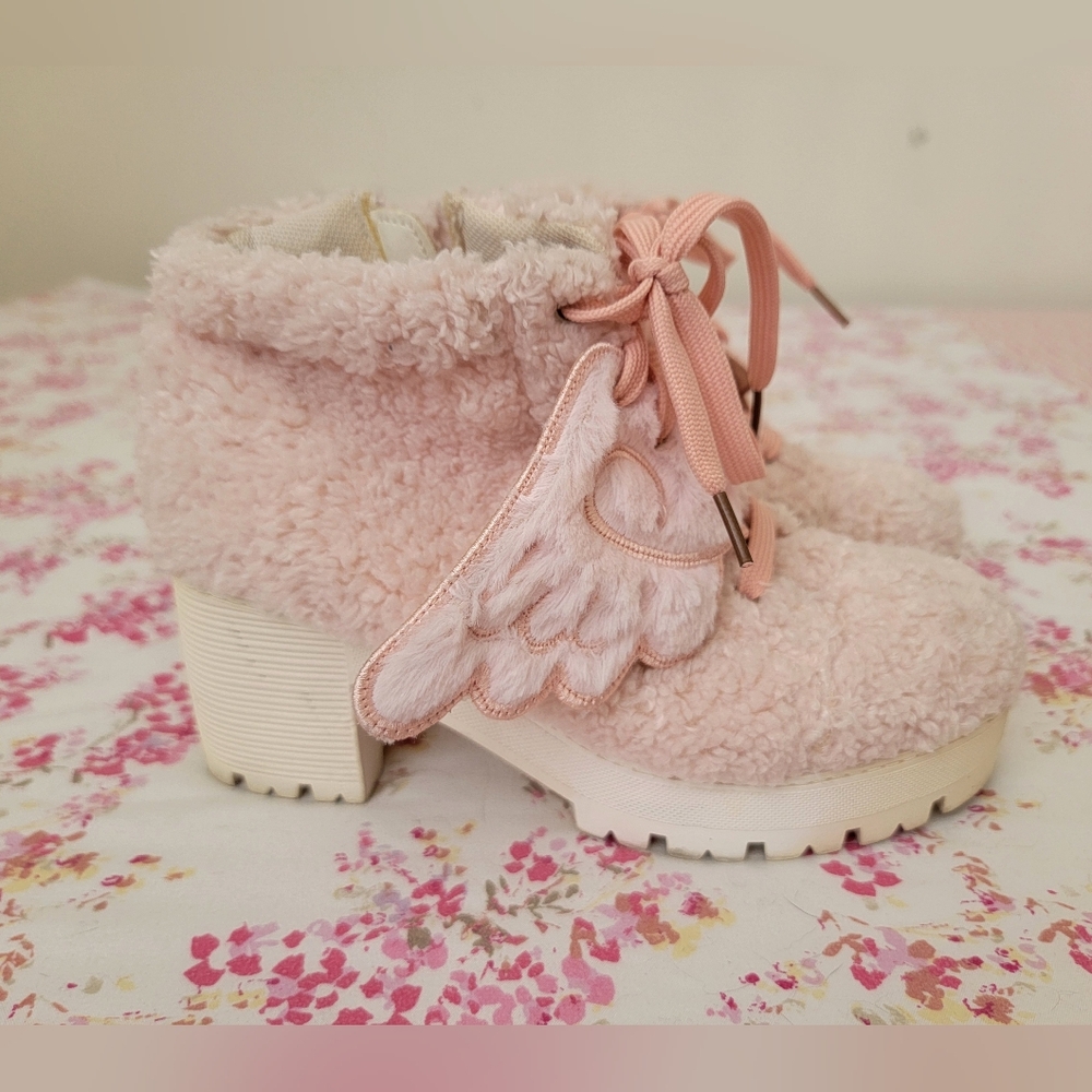 Pink Fuzzy Ankle Boots with Wings